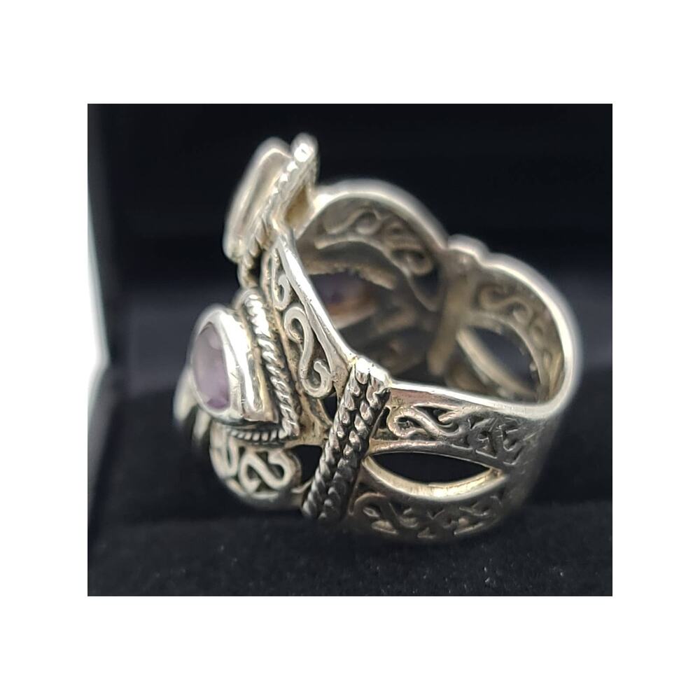 Vintage 925 Sterling Silver Colorful Glass Crystals Stunning Filigree Ring Sz 7 - Picture 7 of 9